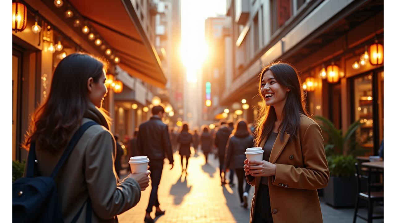 서울 강남의 활기찬 카페 거리 풍경. 사람들이 커피를 즐기며 거니고, 개성 있는 카페 간판들이 눈길을 끈다.