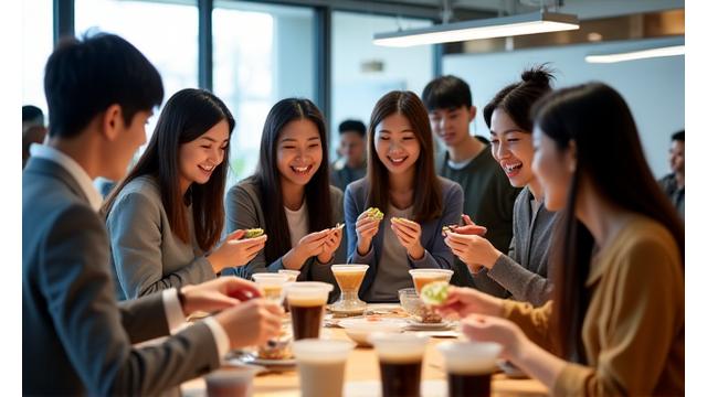 팀원들이 함께 커피를 만들며 즐거워하는 모습